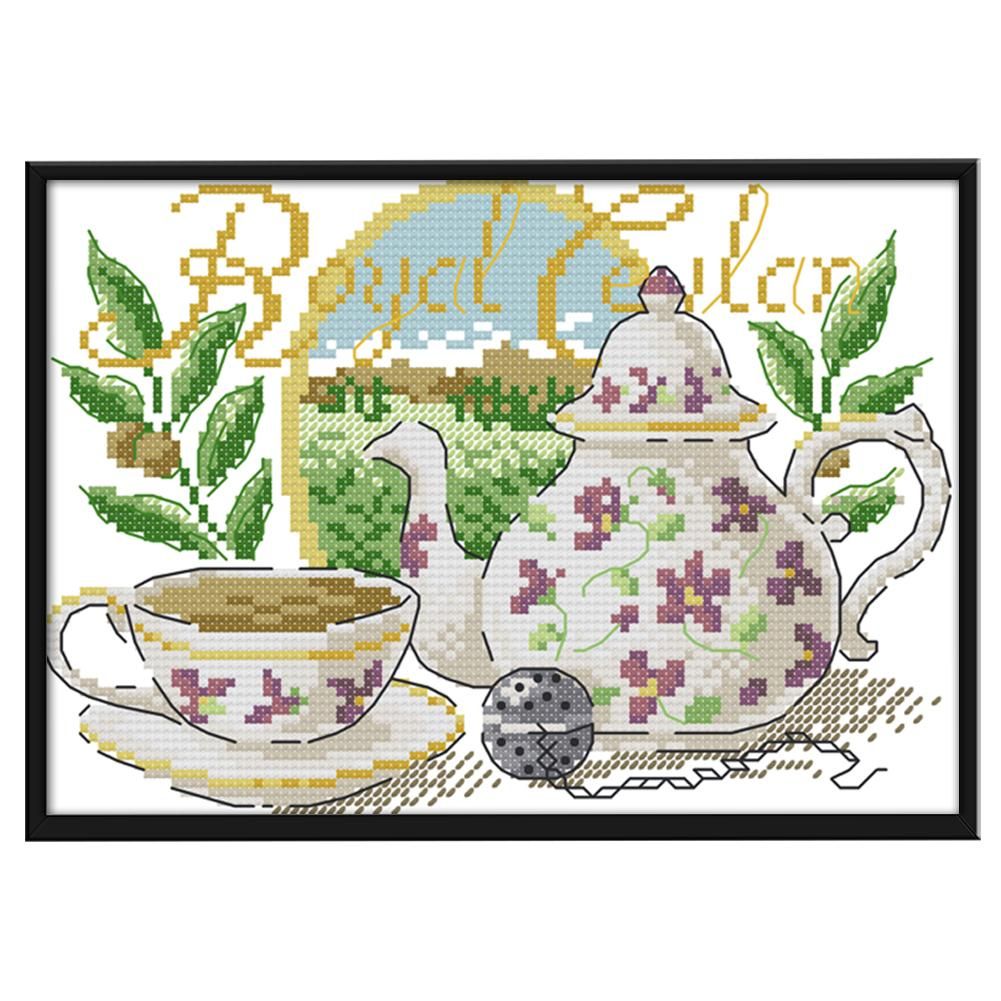 14CT Stamped Cotton Cross Stitch DIY Printed Needlework  Flower Tea Set