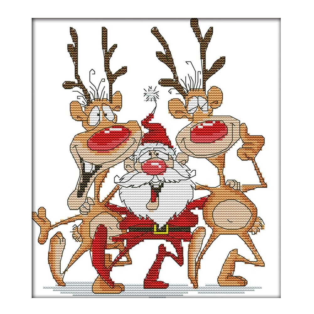 14CT Stamped DIY Santa Claus Reindeer Cross Stitch Kits 28X26cm  C317