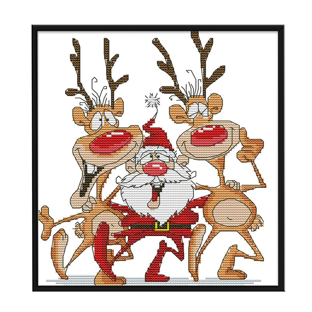 14CT Stamped DIY Santa Claus Reindeer Cross Stitch Kits 28X26cm  C317