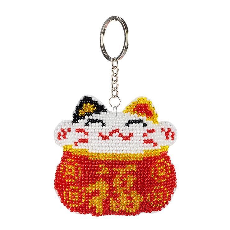 Bead Embroidery Keychain - Fortune Cat