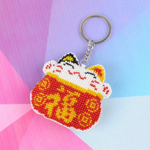 Bead Embroidery Keychain - Fortune Cat