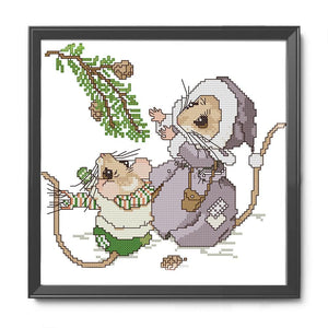 Christmas Mouse Cross Stitch Kits 14CT Stamped Embroidery DIY Crafts  C875