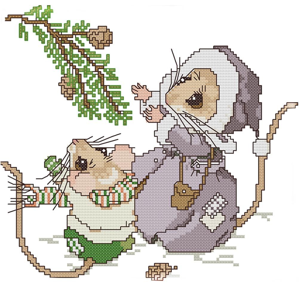 Christmas Mouse Cross Stitch Kits 14CT Stamped Embroidery DIY Crafts  C875