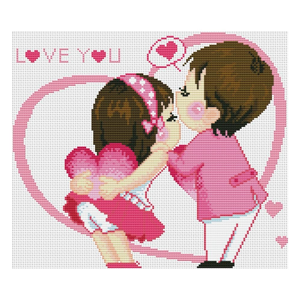 Cute Kids 3 Strand 11CT Stamped Cross Stitch DIY Kit  Kids Kissing 0604