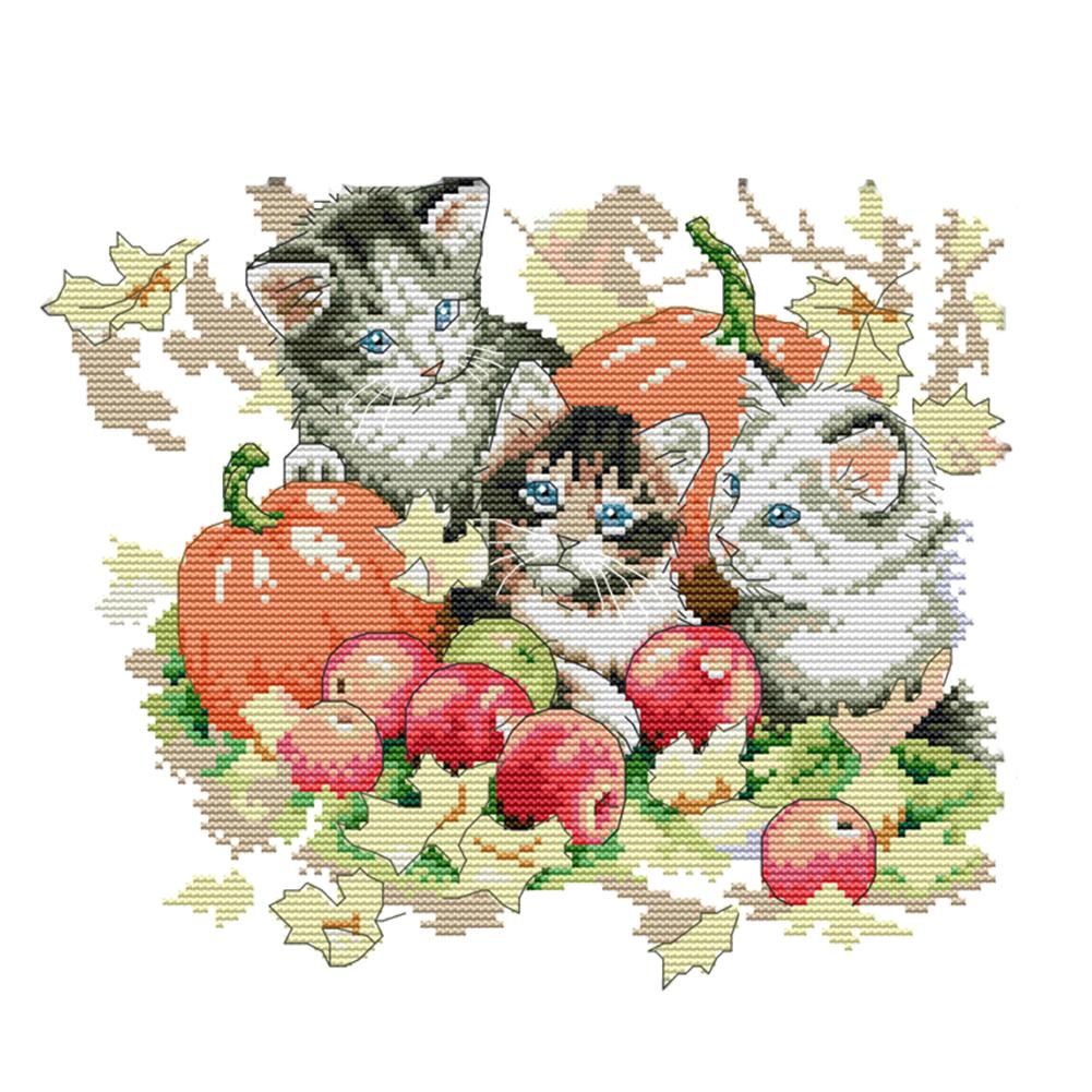 Stamped Cross Stitch Autumn Kitties 2 Strand 14CT Embroidery DIY Set  D378