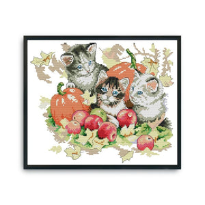 Stamped Cross Stitch Autumn Kitties 2 Strand 14CT Embroidery DIY Set  D378