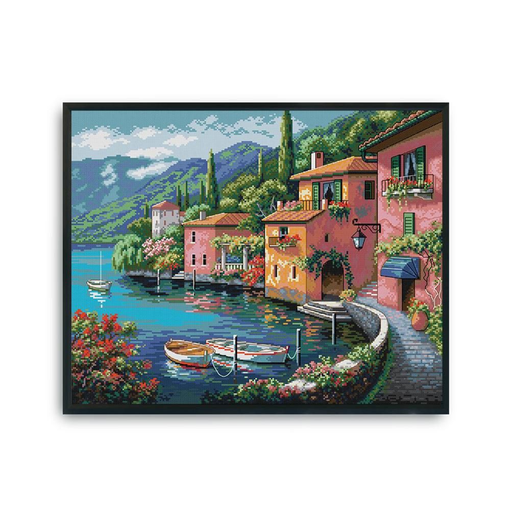 14CT Stamped Cross Stitch Color House by the Water Embroidery Craft  FA064