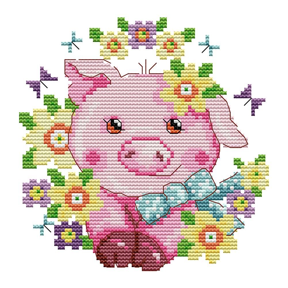 Stamped Cross Stitch Cute Animal 2 Strand 14CT Embroidery Set  Piggy KB097