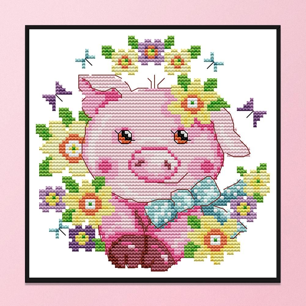 Stamped Cross Stitch Cute Animal 2 Strand 14CT Embroidery Set  Piggy KB097