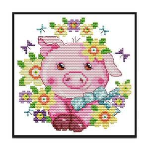 Stamped Cross Stitch Cute Animal 2 Strand 14CT Embroidery Set  Piggy KB097