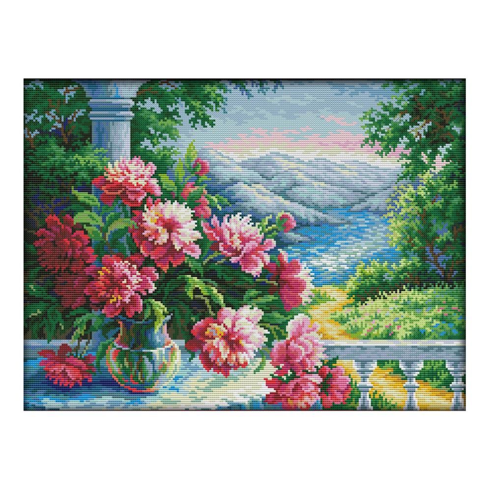 14CT Stamped Cross Stitch Vase and Mountain Needlework Embroidery  F926