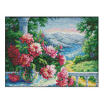 14CT Stamped Cross Stitch Vase and Mountain Needlework Embroidery  F926