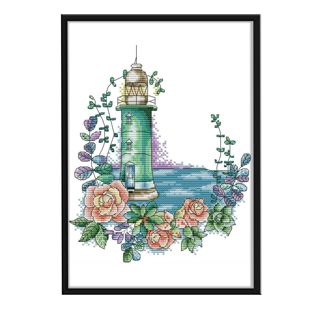 Cross Stitch DIY Rose Lighthouse 14CT Stamped Needlework 23X29cm  FA051