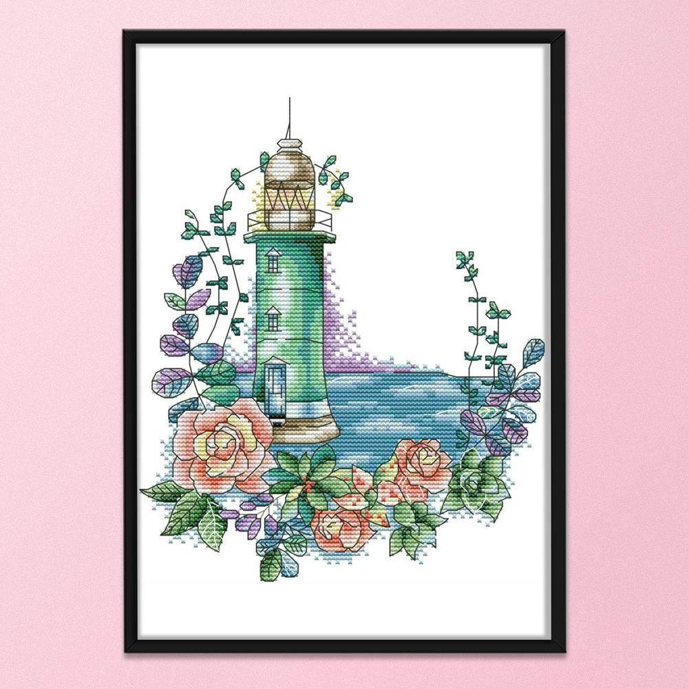 Cross Stitch DIY Rose Lighthouse 14CT Stamped Needlework 23X29cm  FA051