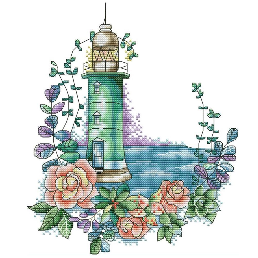 Cross Stitch DIY Rose Lighthouse 14CT Stamped Needlework 23X29cm  FA051