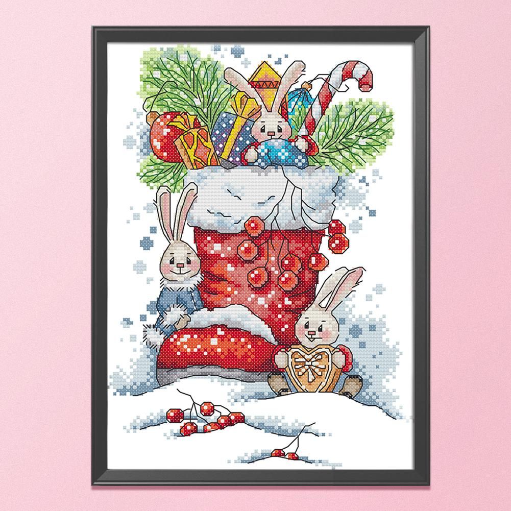 Christmas Bunny Cross Stitch 14CT Stamped Embroidery DIY Crafts  C948