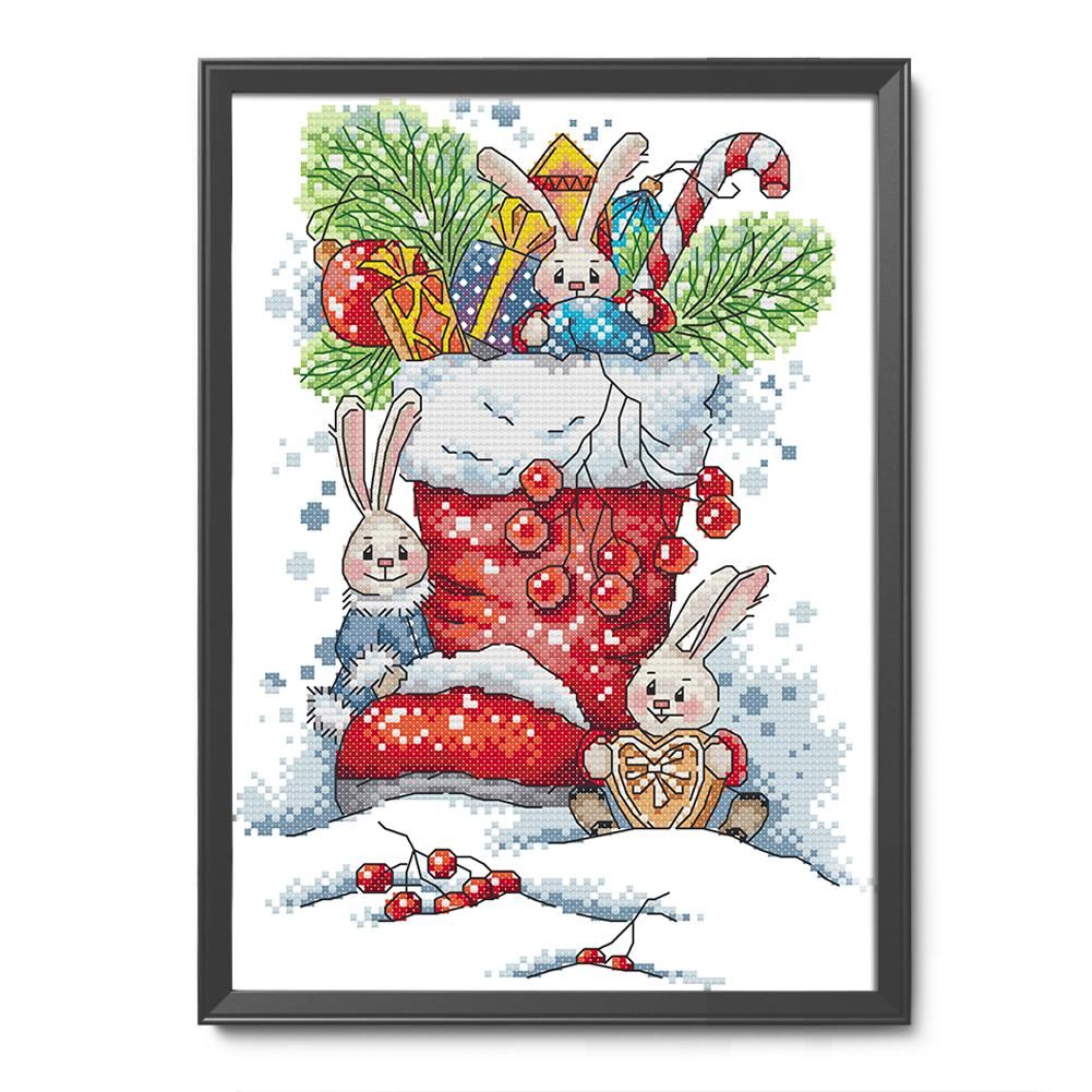 Christmas Bunny Cross Stitch 14CT Stamped Embroidery DIY Crafts  C948