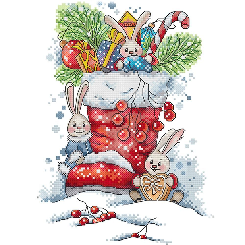 Christmas Bunny Cross Stitch 14CT Stamped Embroidery DIY Crafts  C948