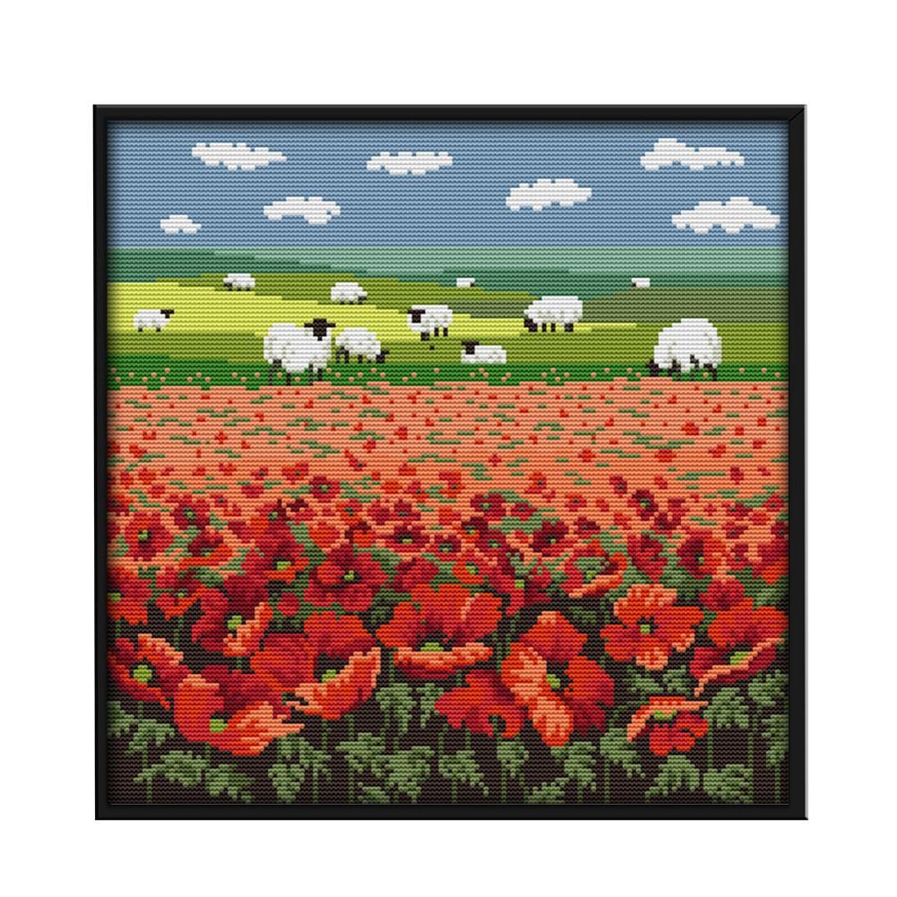 14CT Stamped Cross Stitch Poppy and Sheep Needlework Embroidery  F191