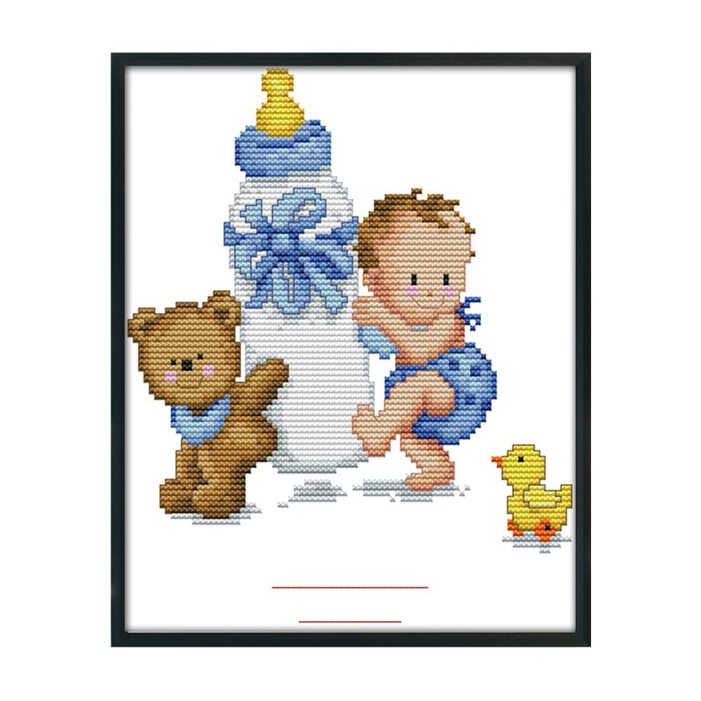 Blue Feeding Bottle 14CT Stamped Cross Stitch Embroidery Handicrafts  C145