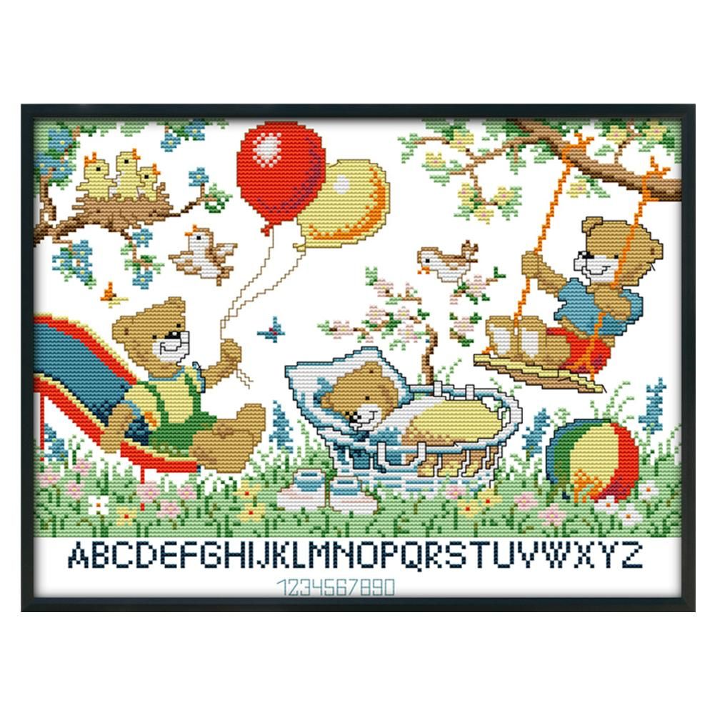 Bear Paradise 14CT Stamped Cross Stitch Print Canvas Needlework  37x30cm