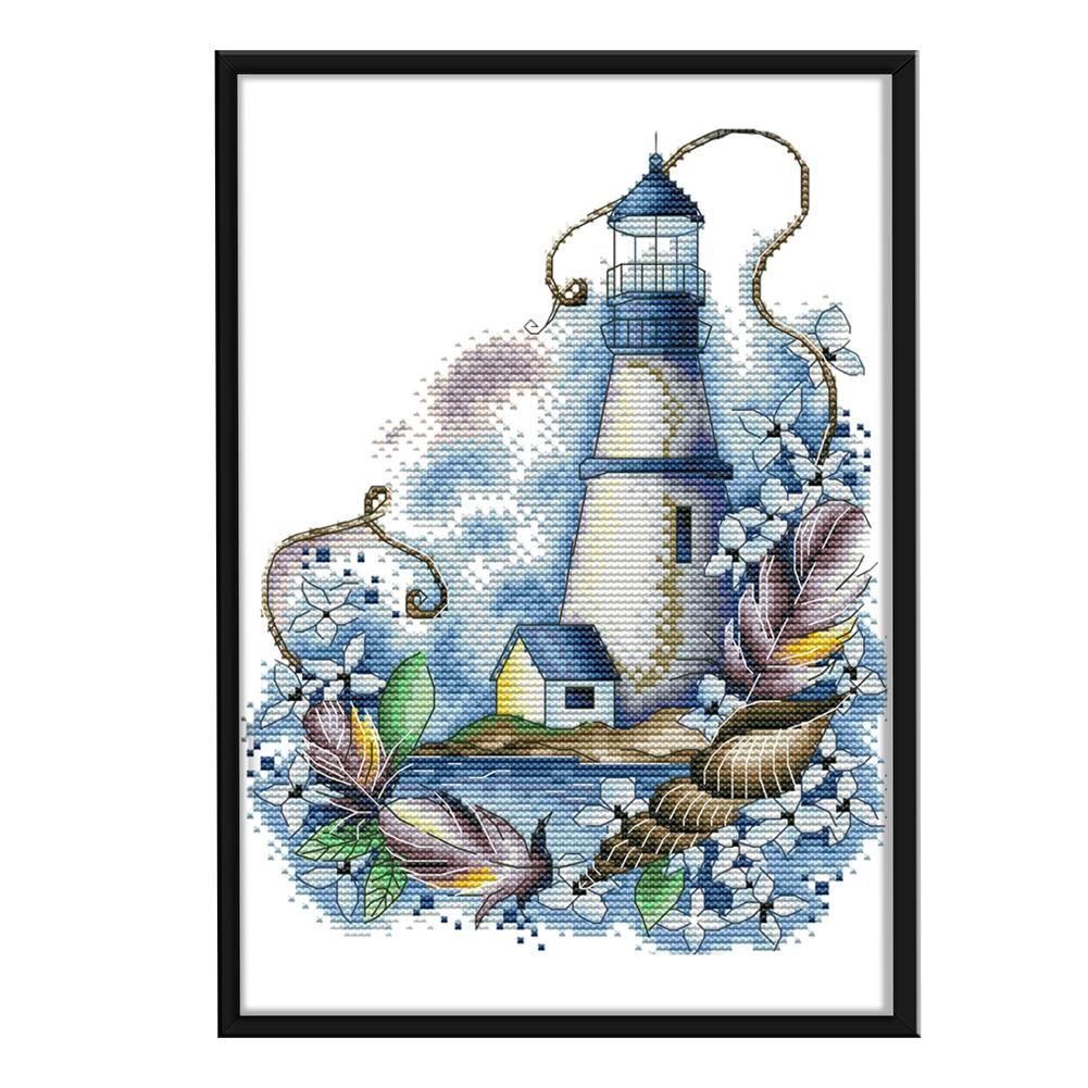 Cross Stitch Kit DIY Blue Lighthouse 14CT Stamped Needlework 22X29cm  F965