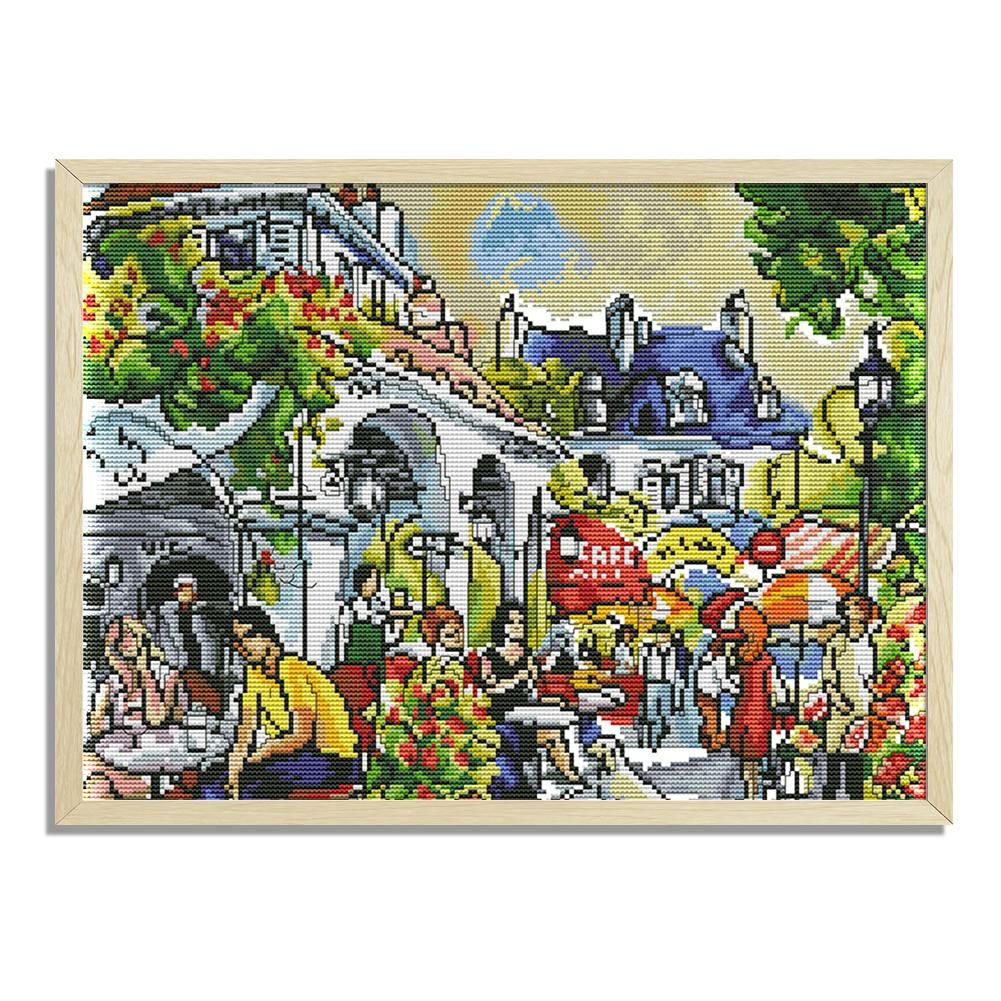 Street Scenery DIY Cross Stitch 14CT Stamped Landscape  F913 42x35cm