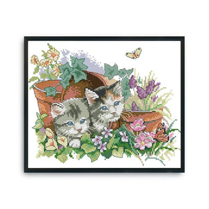 Stamped Cross Stitch Summer Kitties 2 Strand 14CT Embroidery DIY Set  D377