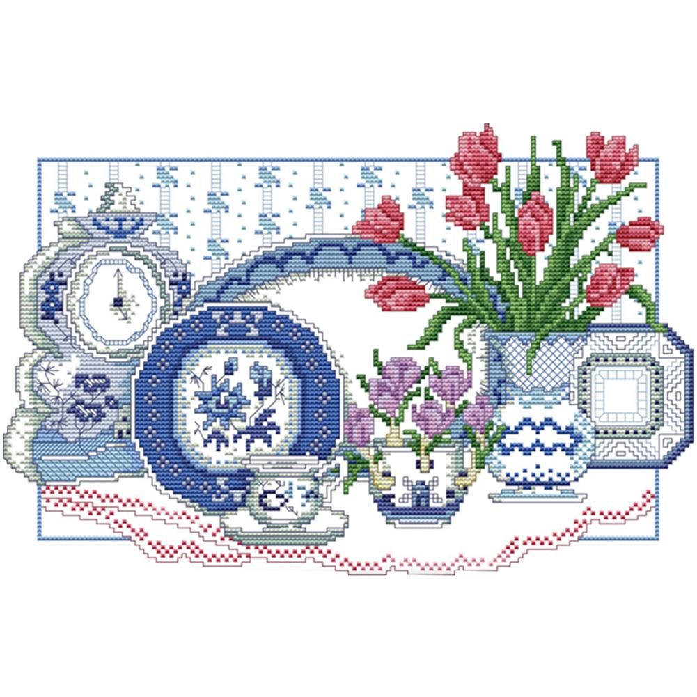 14CT Stamped DIY Blue White Porcelain Cross Stitch Kits 37 X 27cm  2