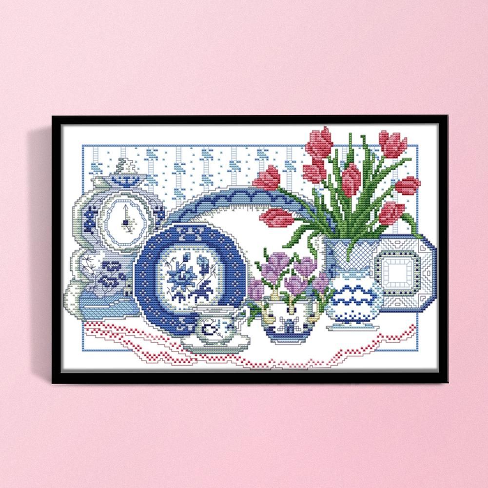 14CT Stamped DIY Blue White Porcelain Cross Stitch Kits 37 X 27cm  2