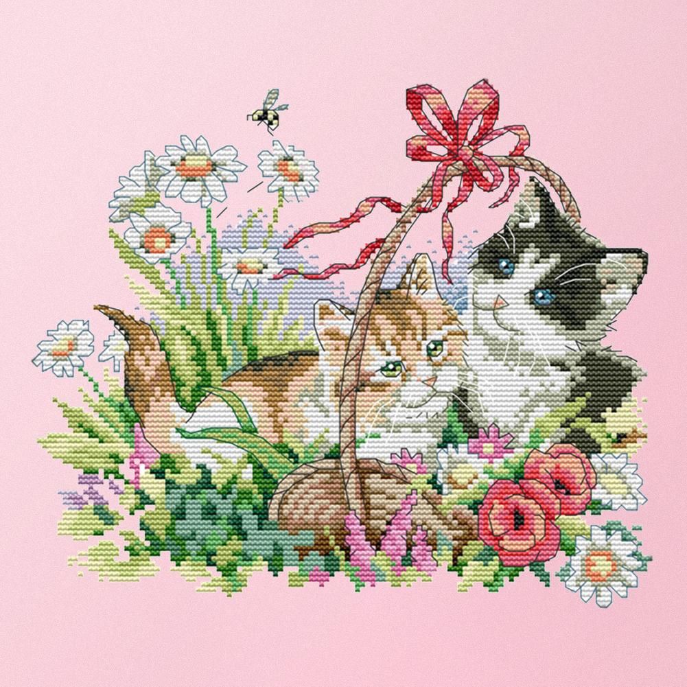 Stamped Cross Stitch Spring Kitties 2 Strand 14CT Embroidery DIY Set  D376