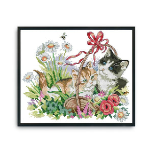 Stamped Cross Stitch Spring Kitties 2 Strand 14CT Embroidery DIY Set  D376