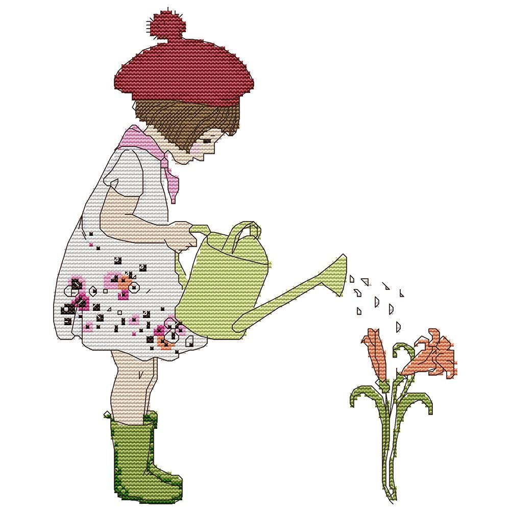 (28*33cm)14ct Stamped Cross Stitch - Girl Watering Flowers