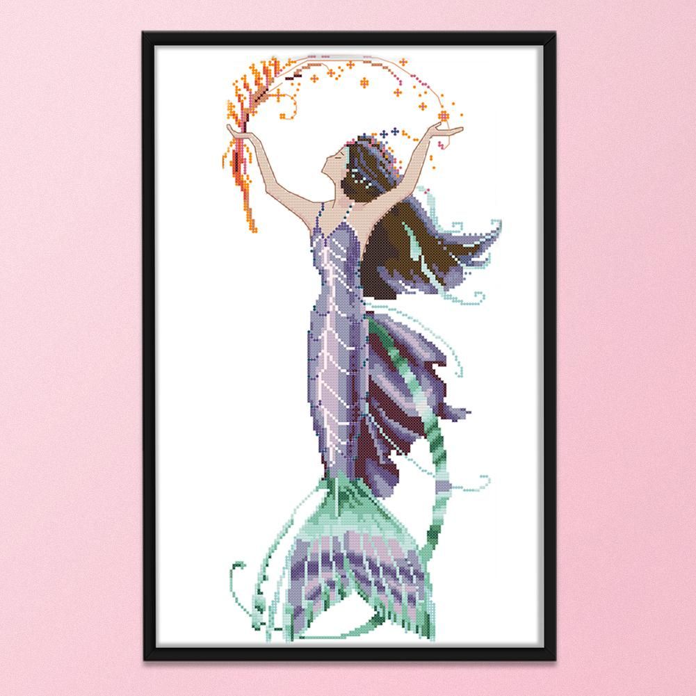 Fish Tail Girl 14CT Stamped Fabric Cross Stitch DIY Set  Purple Tail R850