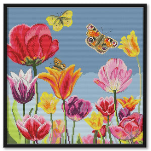 Colorful Tulip 14CT Stamp Cross Stitch Embroidery Crafts 37x37cm  H813