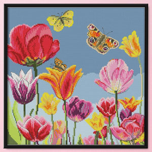 Colorful Tulip 14CT Stamp Cross Stitch Embroidery Crafts 37x37cm  H813