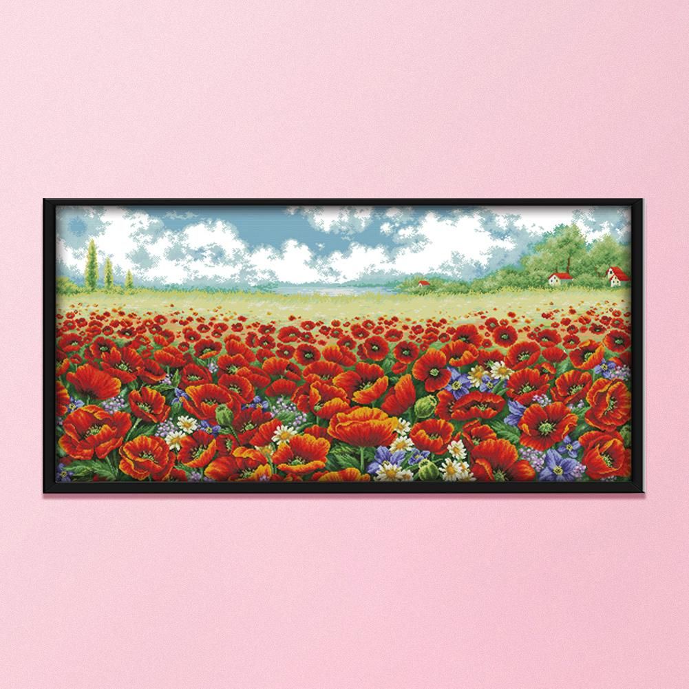 14CT Stamped Cross Stitch Poppy Flower Sea Needlework Embroidery  F775