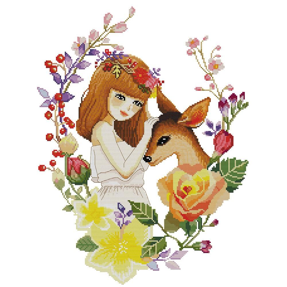 (39*49cm)14ct Stamped Cross Stitch - Girl and Deer