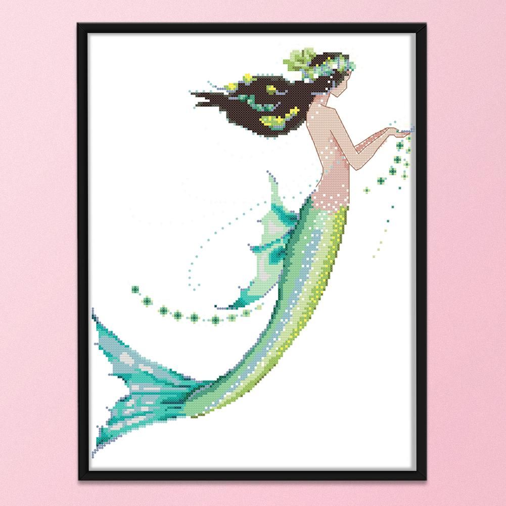 Fish Tail Girl Woman 14CT Stamped Fabric Cross Stitch Set  Blue Tail R849