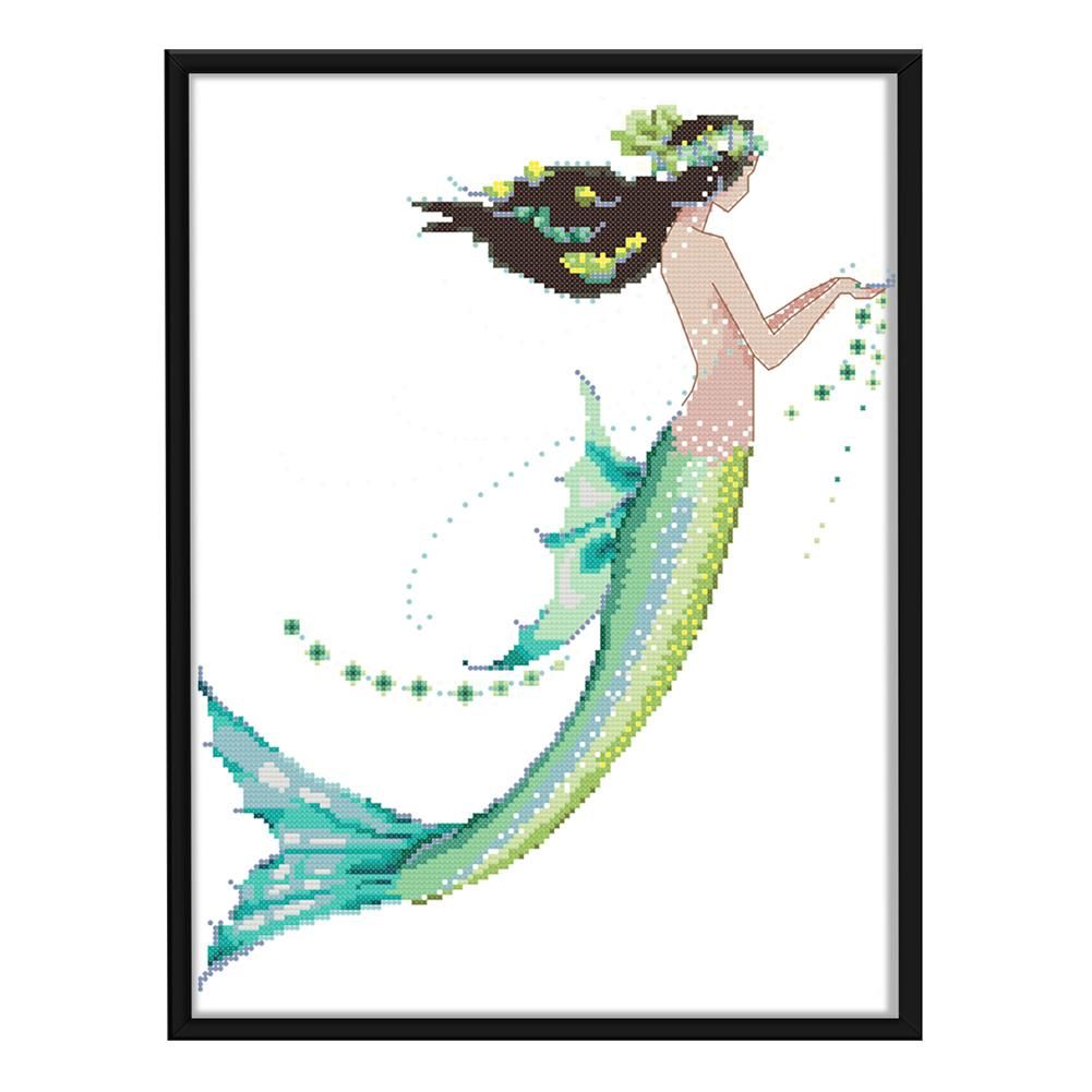 Fish Tail Girl Woman 14CT Stamped Fabric Cross Stitch Set  Blue Tail R849