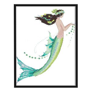 Fish Tail Girl Woman 14CT Stamped Fabric Cross Stitch Set  Blue Tail R849