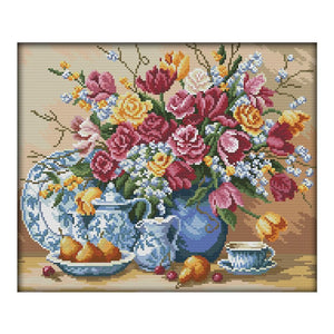 Fruit Tray Vase 14CT Stamped Cotton Thread Cross Stitch Needlework  J145