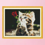 Stamped Cross Stitch Kit Cat 14CT Embroidery Set  Kitty with Rose D507