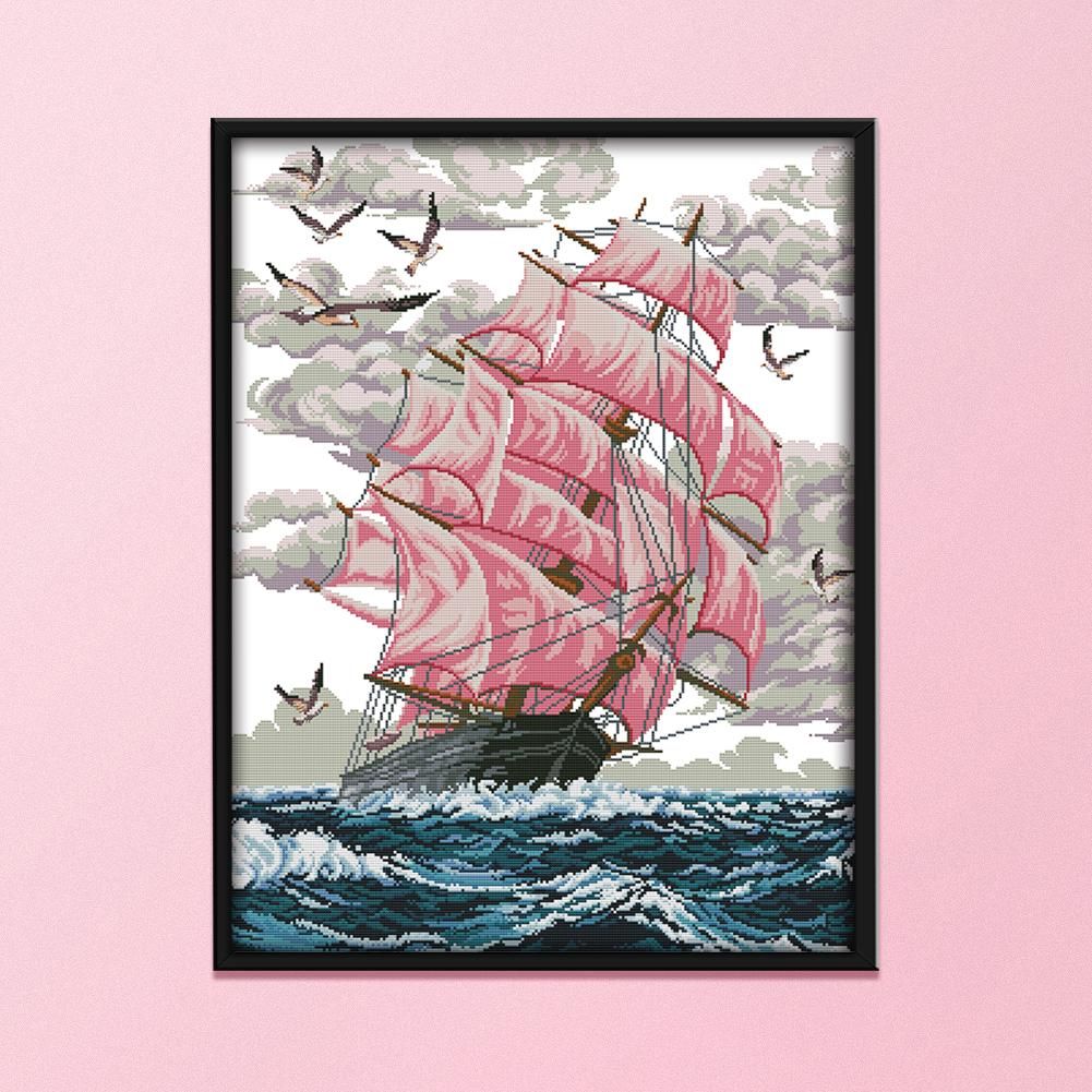 14CT Stamped Print Sailboat Canvas Needlework Kit DIY Cross Stitch  F822