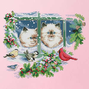 Stamped Cross Stitch Winter Kitties 2 Strand 14CT Embroidery DIY Set  D379