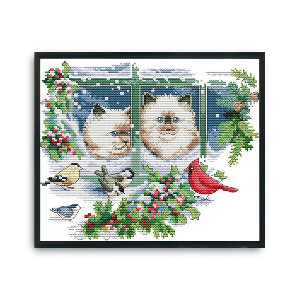 Stamped Cross Stitch Winter Kitties 2 Strand 14CT Embroidery DIY Set  D379