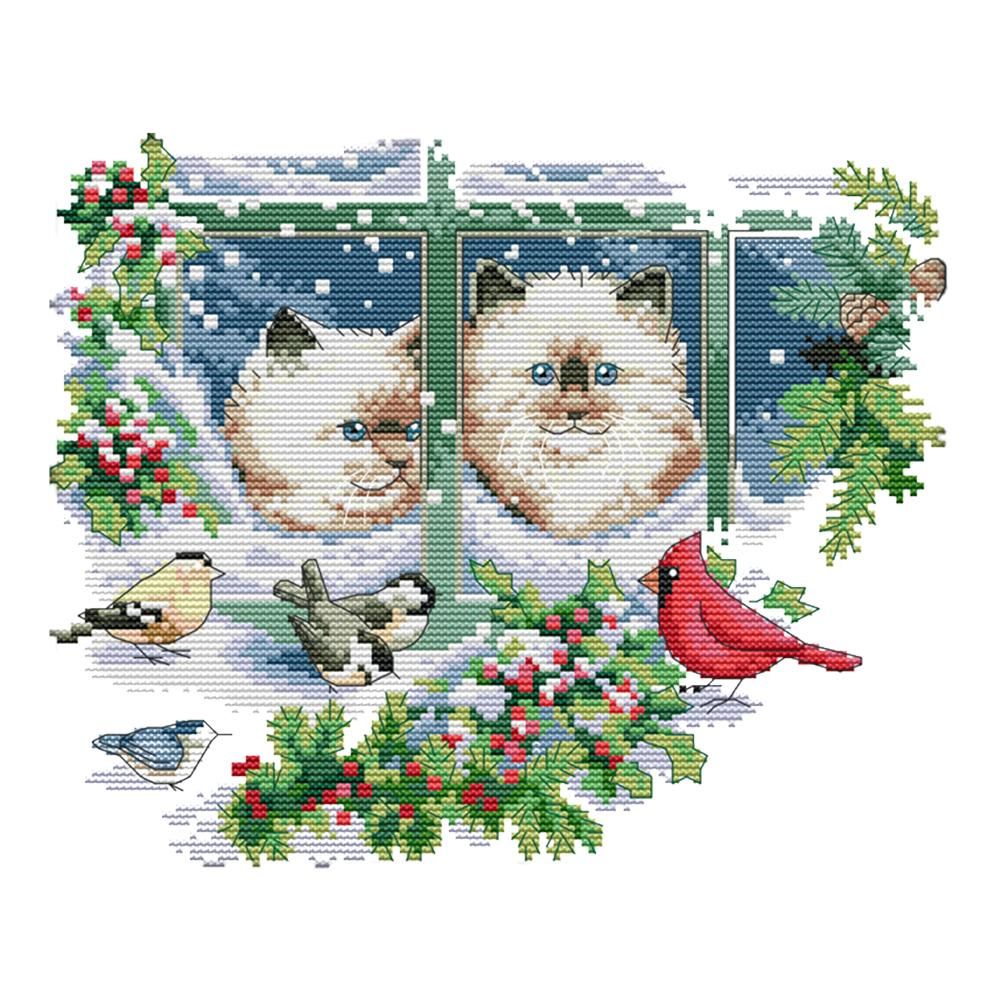 Stamped Cross Stitch Winter Kitties 2 Strand 14CT Embroidery DIY Set  D379