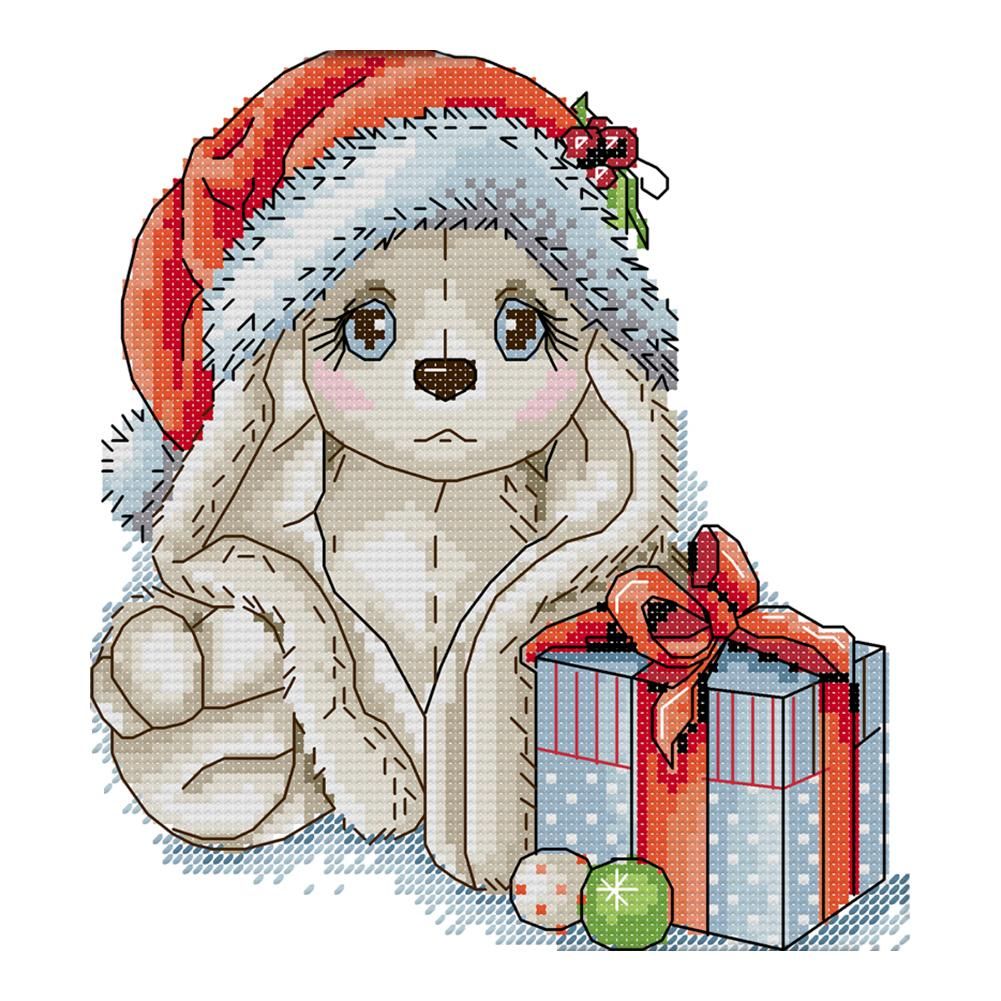 Cross Stitch 14CT Stamped Printed Canvas Crafts  C913 Christmas Puppy