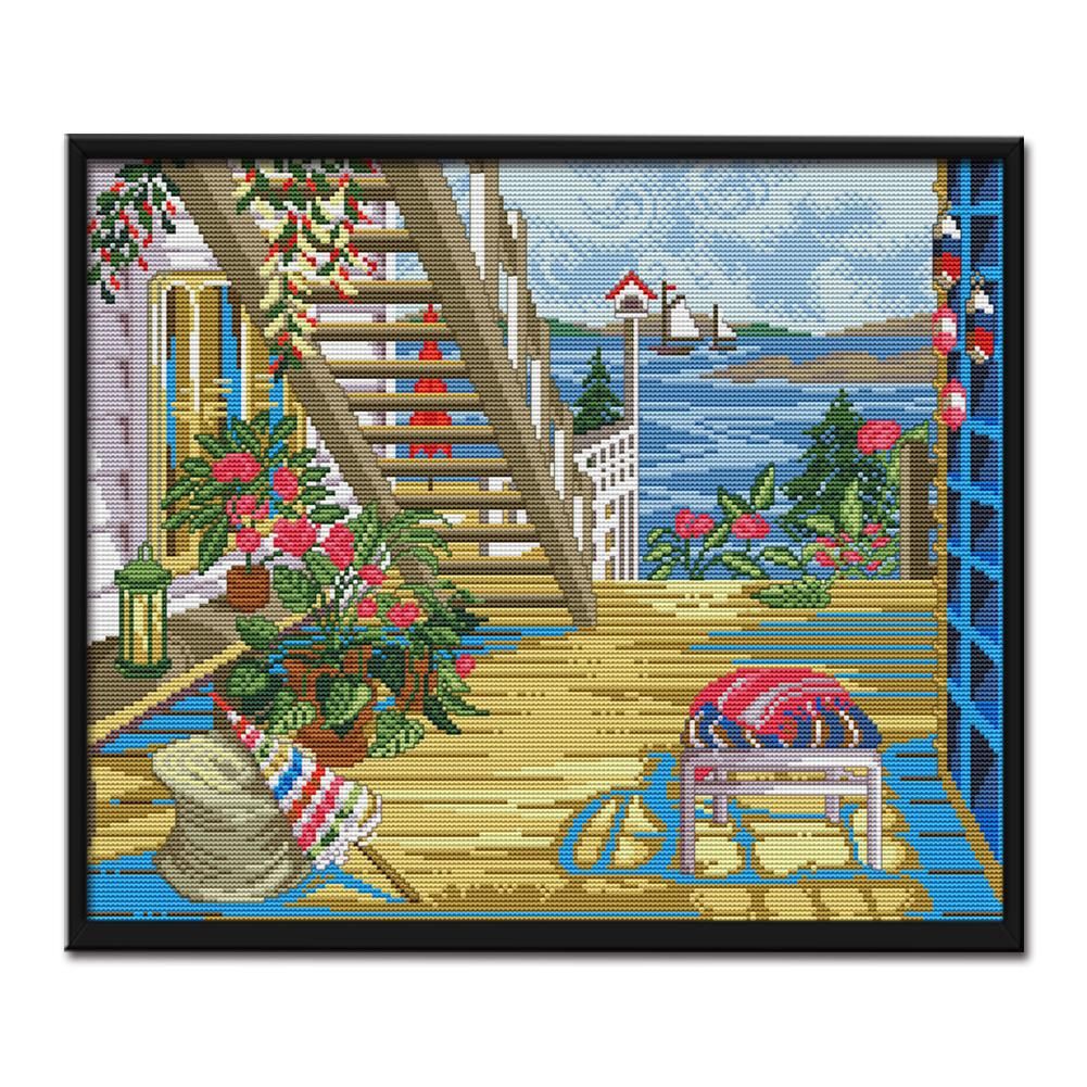 Seaside Villa Cross Stitch 14CT Stamped Print On Canvas Needlework  F842