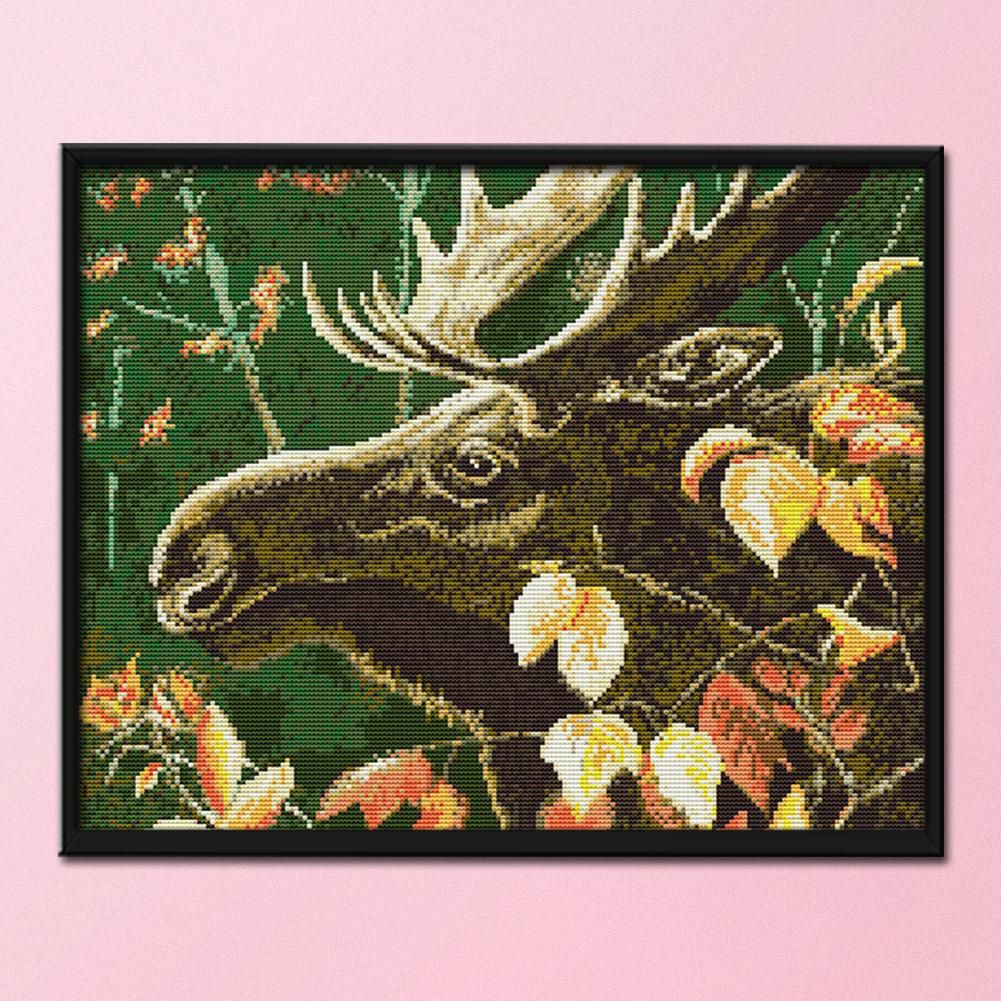 Stamped Cross Stitch Kit Elk 14CT Embroidery DIY Set  Elk Leaves D436